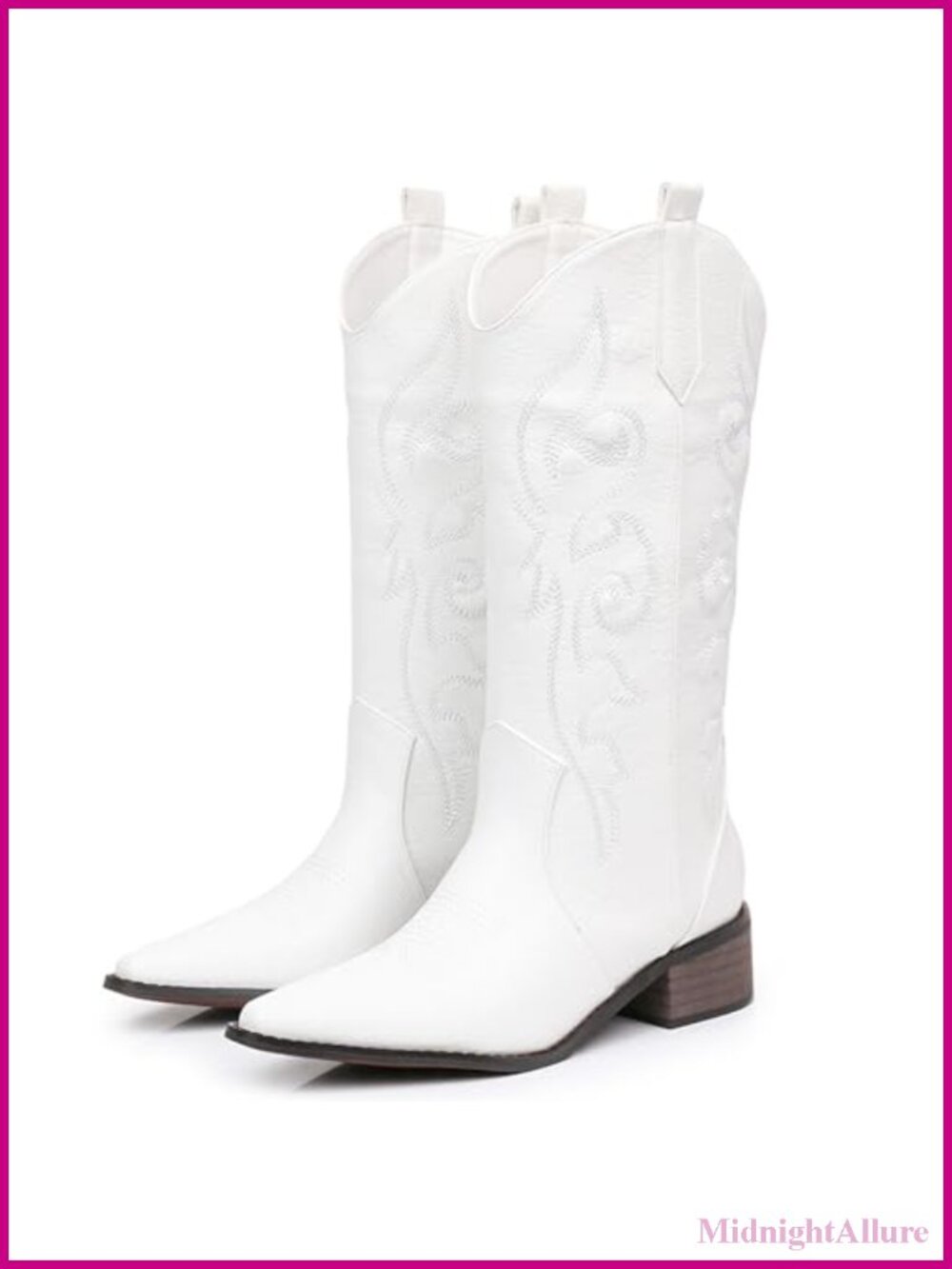 Faux Leather Embroidered Pointed Toe Chunky Heel Mid Calf Western Boots
